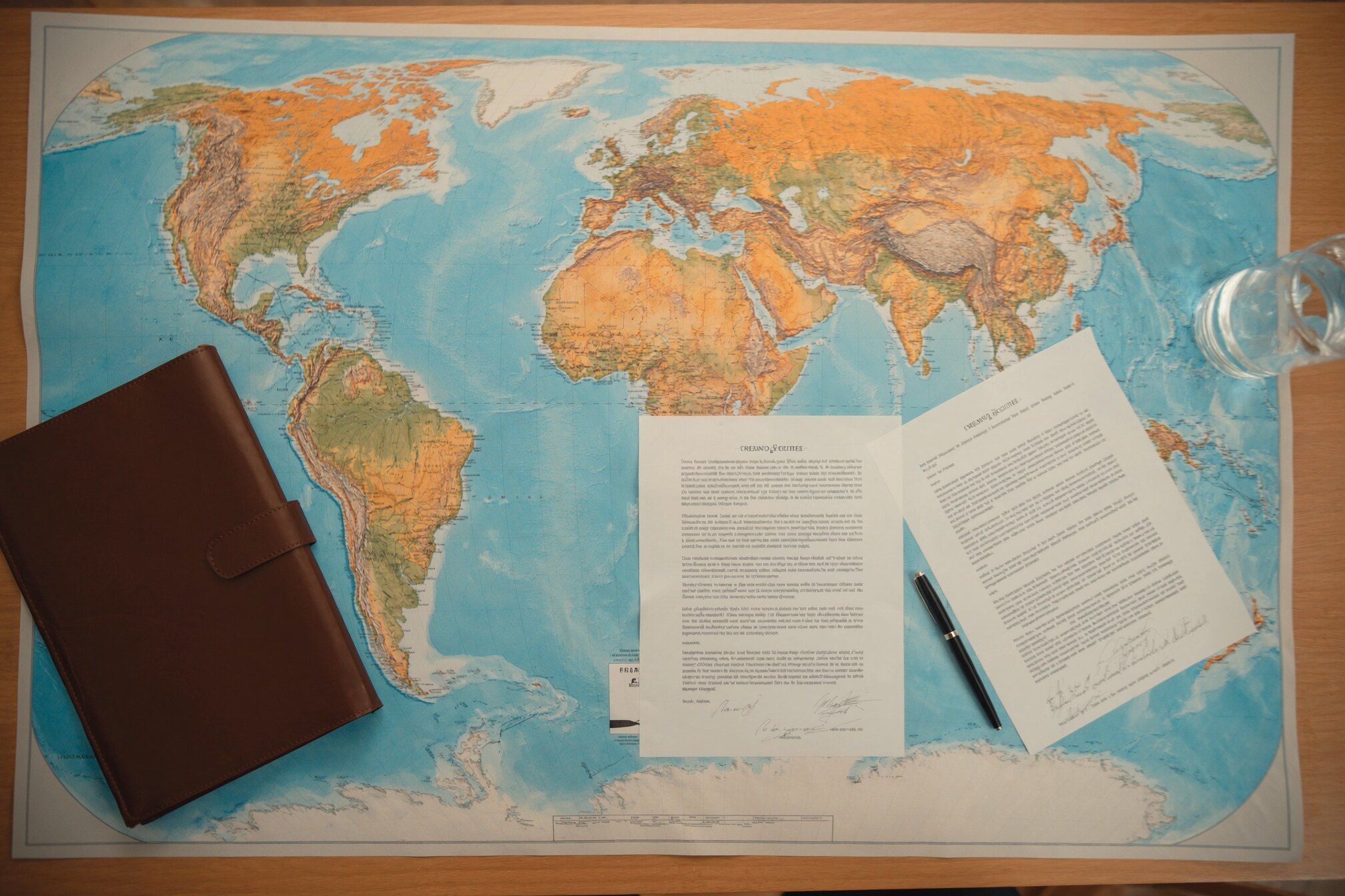 Mapa-múndi impresso sobre a mesa de negociação, com documentos assinados, caneta e pasta de couro, visto de cima
