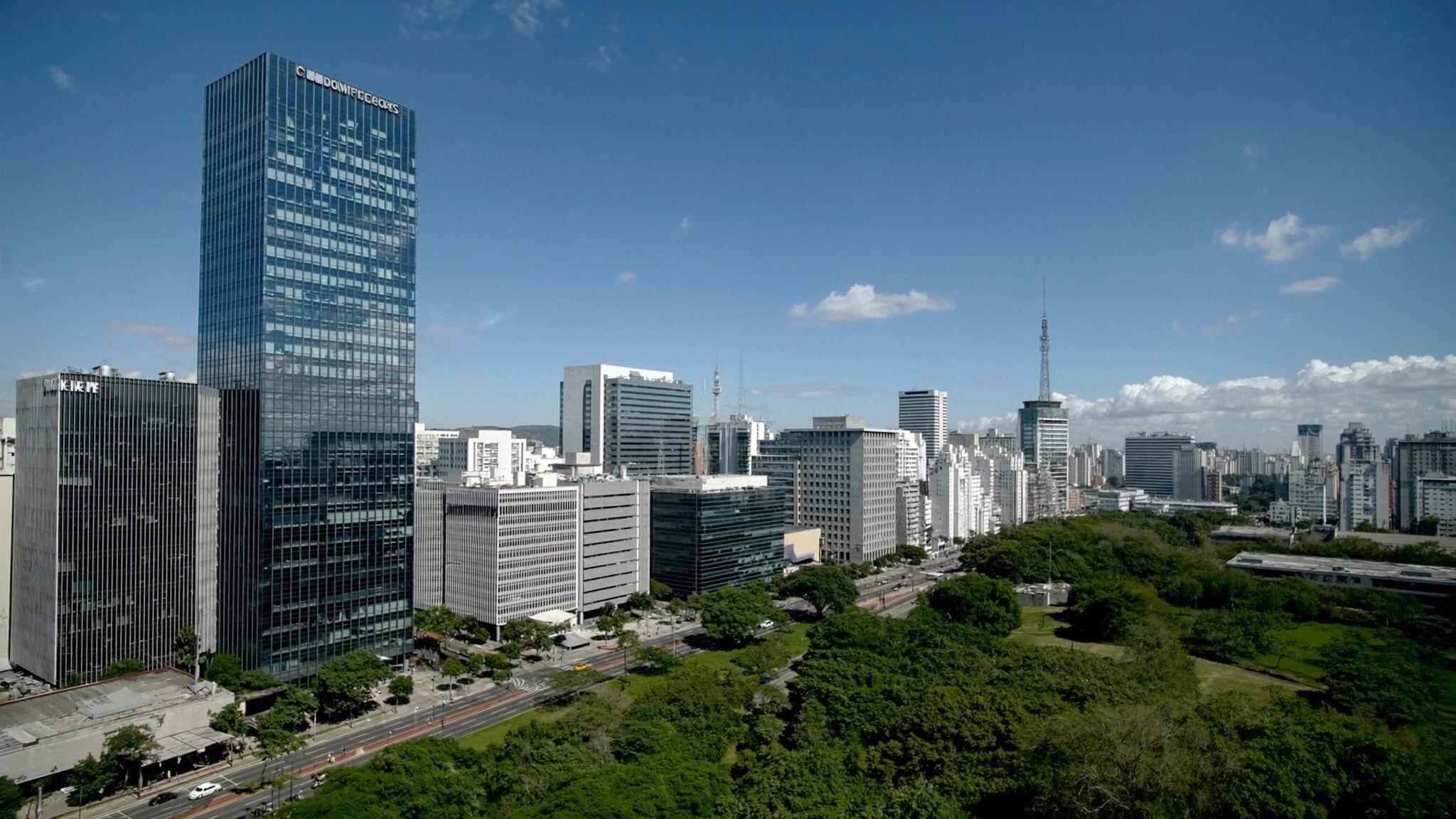 Distrito financeiro de São Paulo visto do alto em um dia de sol, com torres de vidro e muito verde